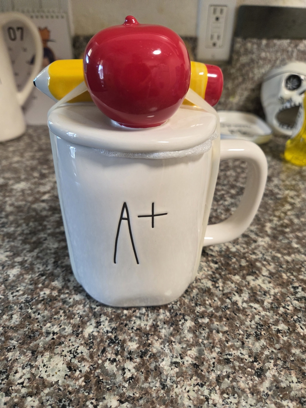 Rae Dunn A+ White Ceramic Teacher Mug with Apple Lid Accent